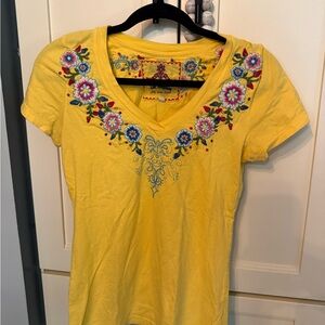 Johnny Was Yellow Floral Embroidered Tee
